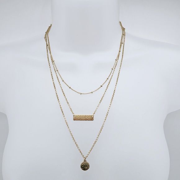 Bancroft Layered Necklace Gold Tone Hammered Pendants Triple Strand Draping - Picture 6 of 9